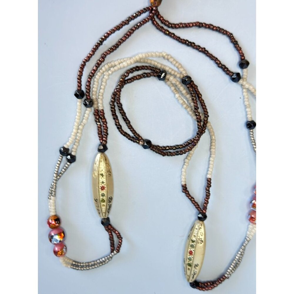 Vintage Beaded Tassel Necklace Multicolor Glass Beads MOP Boho Chic Style - Picture 5 of 6
